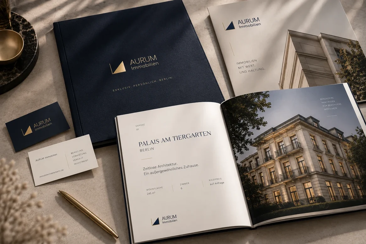 AURUM Briefausstattung im Zusammenspiel: dunkelblaue Mappe mit Goldprägung, Visitenkarten, aufgeschlagenes Exposé mit der Objektstrecke „Palais am Tiergarten“ und eine Broschüre auf hellem Stein