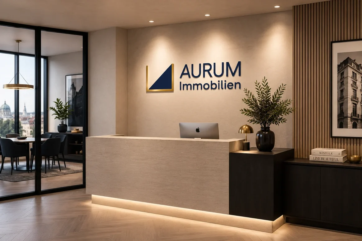 AURUM Empfangsbereich: beleuchtetes Markenzeichen über einem dunklen Tresen, Holzlamellen und Objektbilder an der Wand