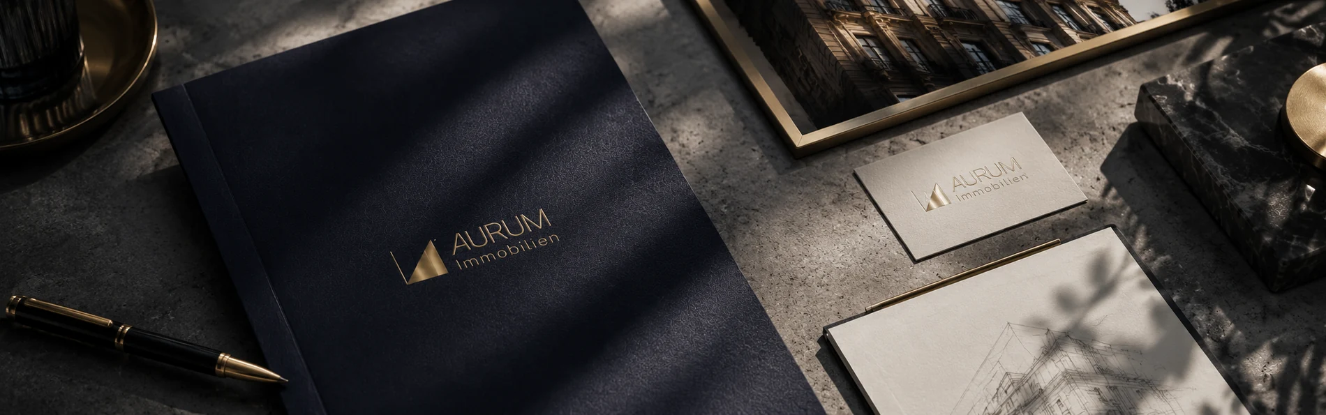 Detailaufnahme der AURUM Briefausstattung: dunkelblaue Mappe mit Goldprägung, Visitenkarten und Stift auf dunklem Grund