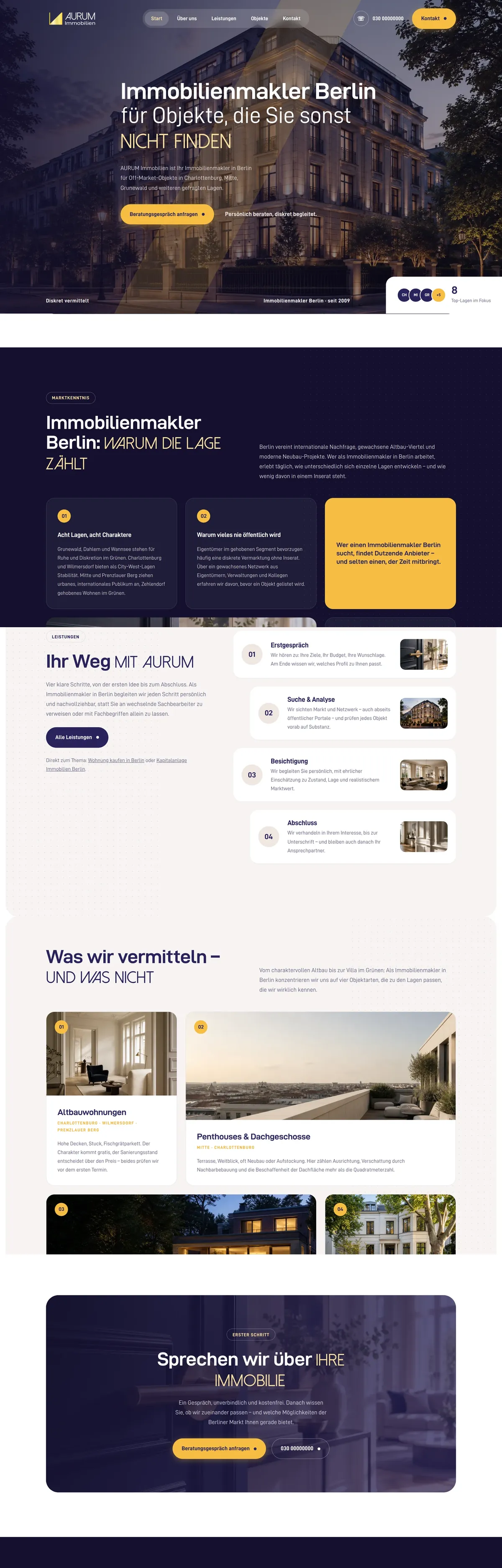 Durchlauf der AURUM Startseite: Einstieg, Lagen, Ablauf, Objektarten und Kontaktabschnitt