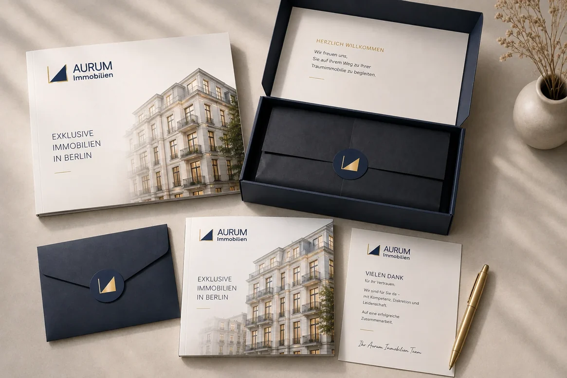 AURUM Welcome Package: Box, Kuvert und Karten in Dunkelblau mit Goldprägung