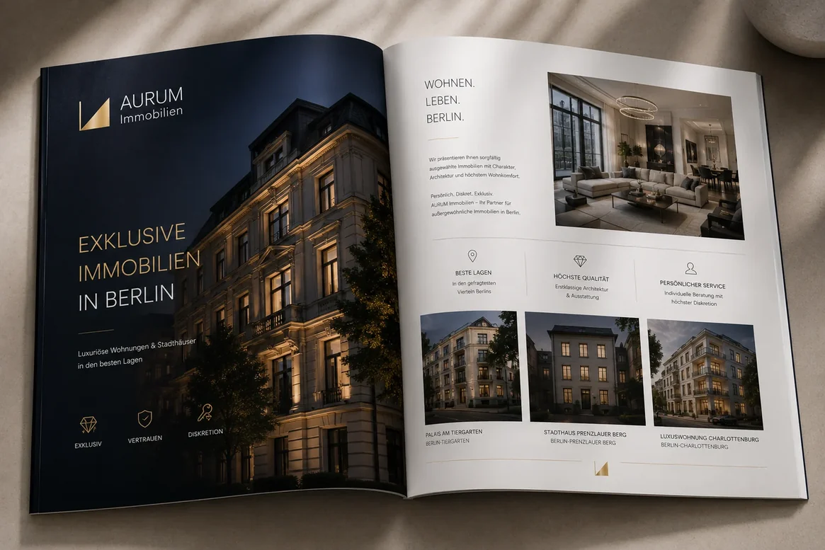 Aufgeschlagenes AURUM Magazin mit Objektstrecke und Goldakzenten
