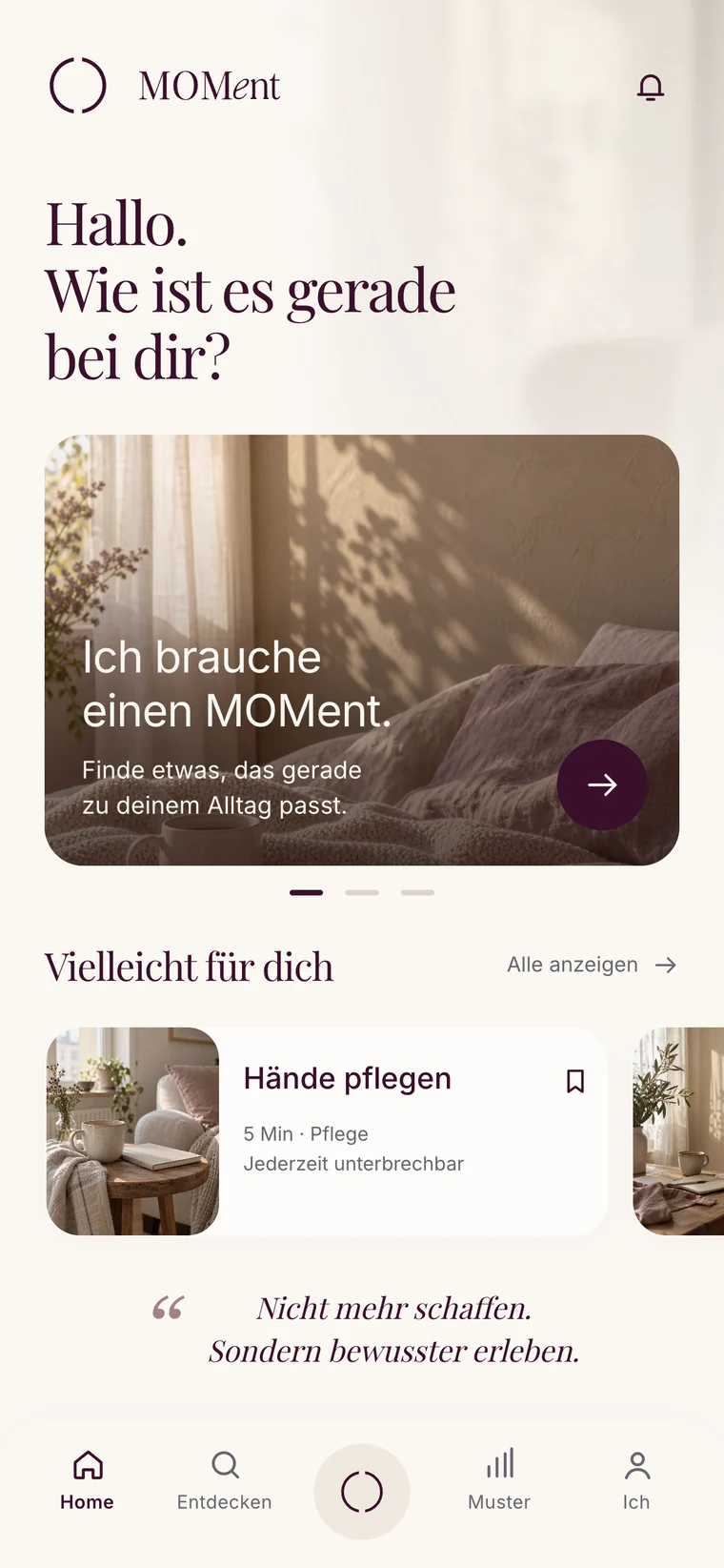 Startseite der App: „Hallo. Wie ist es gerade bei dir?“ mit fotografischer Karte, Empfehlungen und Navigationsleiste auf hellem Grund