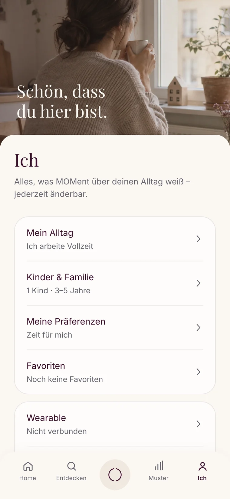 Profilansicht „Ich“ mit den Bereichen Mein Alltag, Kinder und Familie, Meine Präferenzen, Favoriten und Wearable