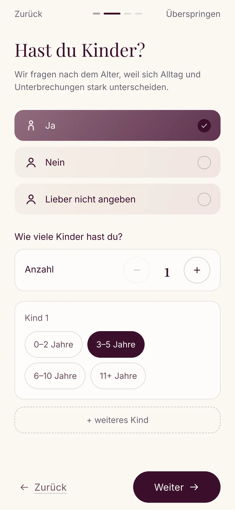 Setup-Schritt „Hast du Kinder?“ mit der Auswahl Ja, Nein oder „Lieber nicht angeben“, einem Zähler für die Anzahl und einzelnen Altersgruppen