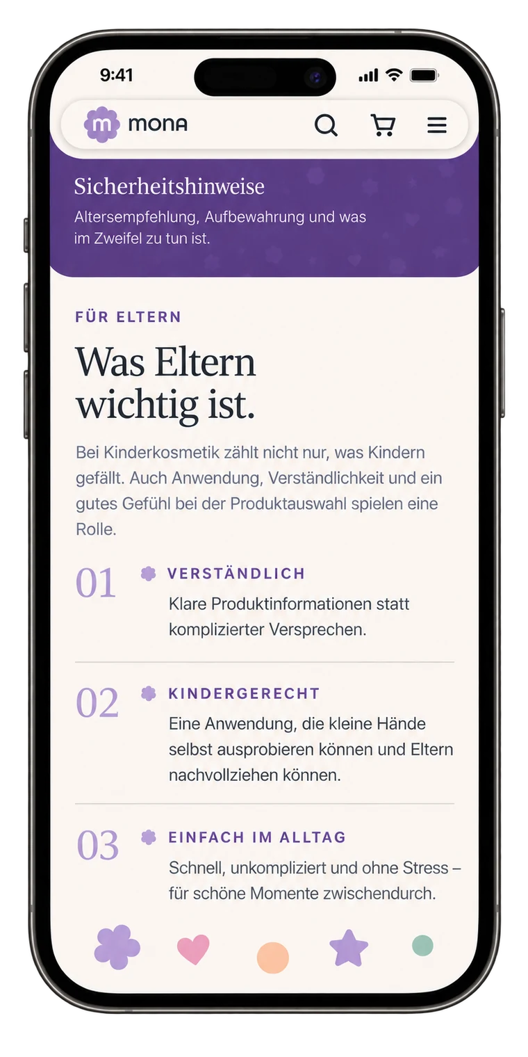 MONA Shop auf dem Telefon: der Abschnitt „Was Eltern wichtig ist“ mit drei nummerierten Punkten
