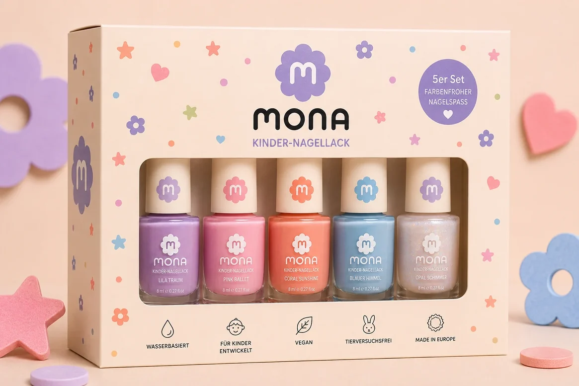 Geöffnete MONA 5er-Set-Verpackung mit Sichtfenster; fünf Flakons in Flieder, Pink, Koralle, Blau und Perlmutt, darunter eine Zeile mit Produktmerkmalen