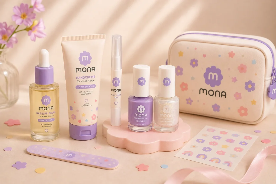 MONA Sortiment nebeneinander: Nagelöl, Handcreme, Flakons, Feile und Täschchen vor einer pastellfarbenen Kulisse