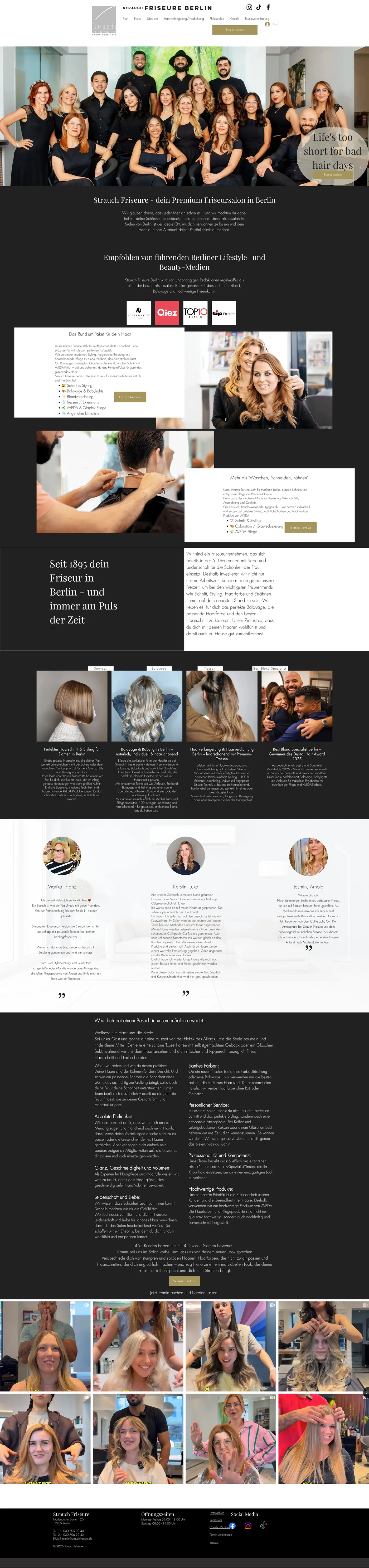 Die bestehende Website von Strauch Friseure in voller Länge: Kopfzeile mit dreizehn Navigationspunkten, Teamfoto mit Störerelement, zwei überlappende Leistungslisten mit Emoji, Kundenstimmen, Instagram-Raster und Fußzeile