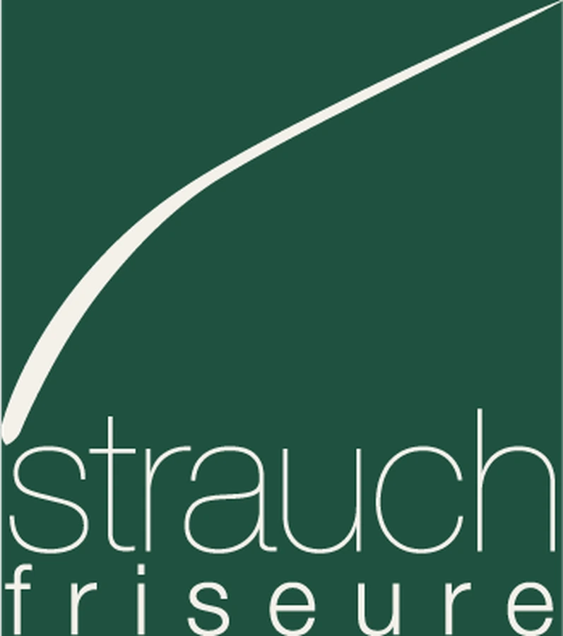 Wortmarke negativ auf Tannengrün: der Schriftzug „strauch friseure“ und der gedrehte Strich in Creme auf grüner Fläche