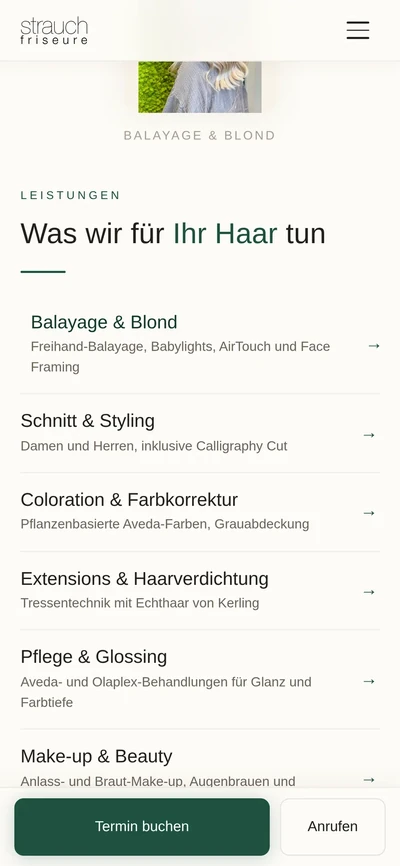 Leistungen auf dem Telefon: die sechs Leistungen untereinander mit Untertitel und Pfeil
