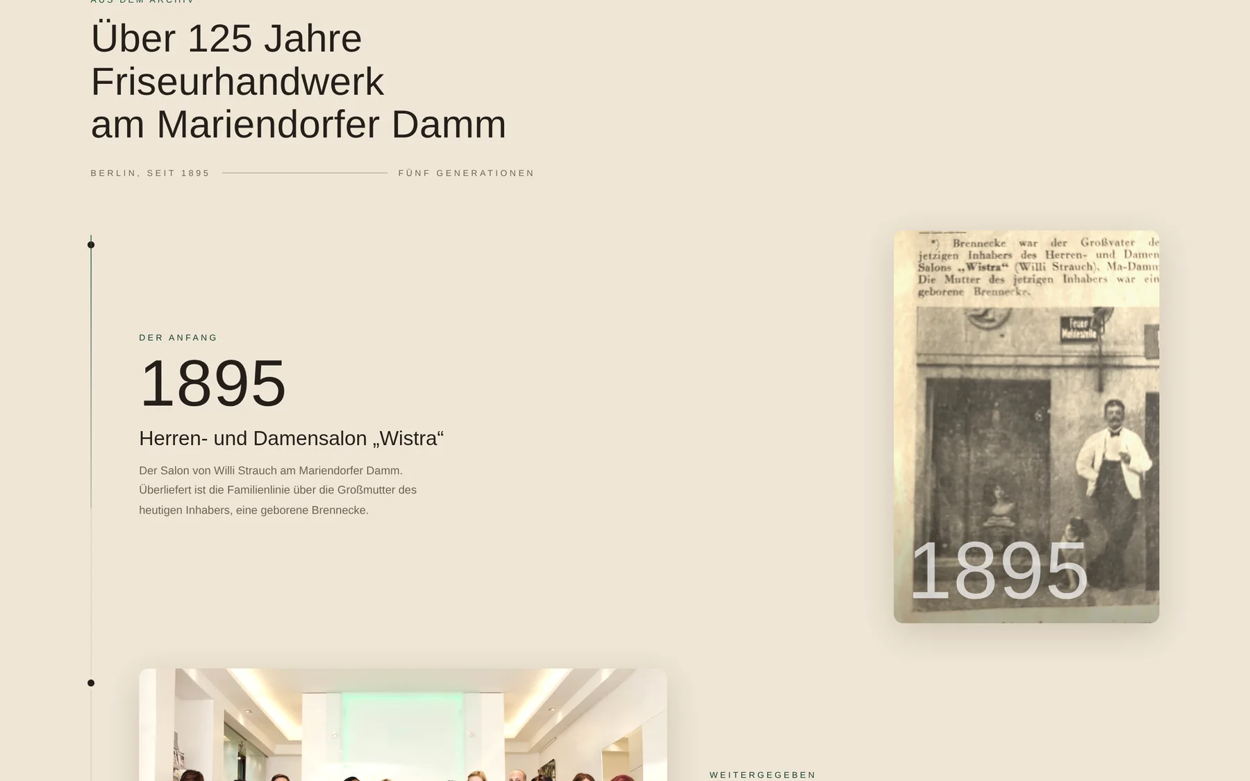 Geschichtsabschnitt des Redesigns: Zeitachse mit den Kapiteln 1895, Generationen, 2025 und Heute, dazu Archivfotos in Sepia