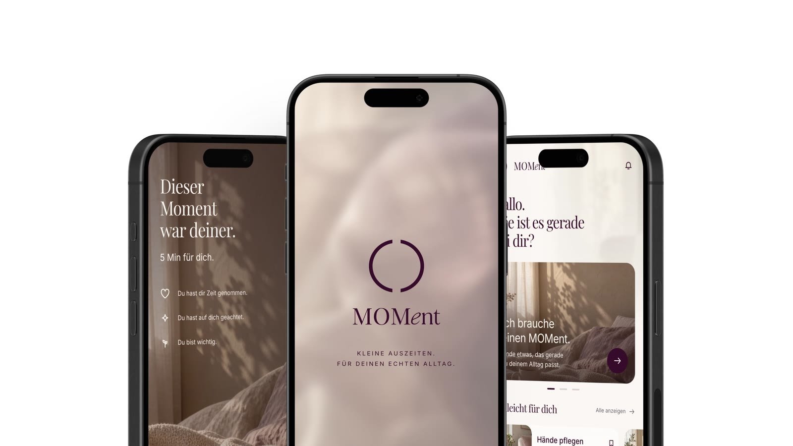 MOMent: die App auf drei Telefonen — Startbildschirm, Übersicht und Detailansicht