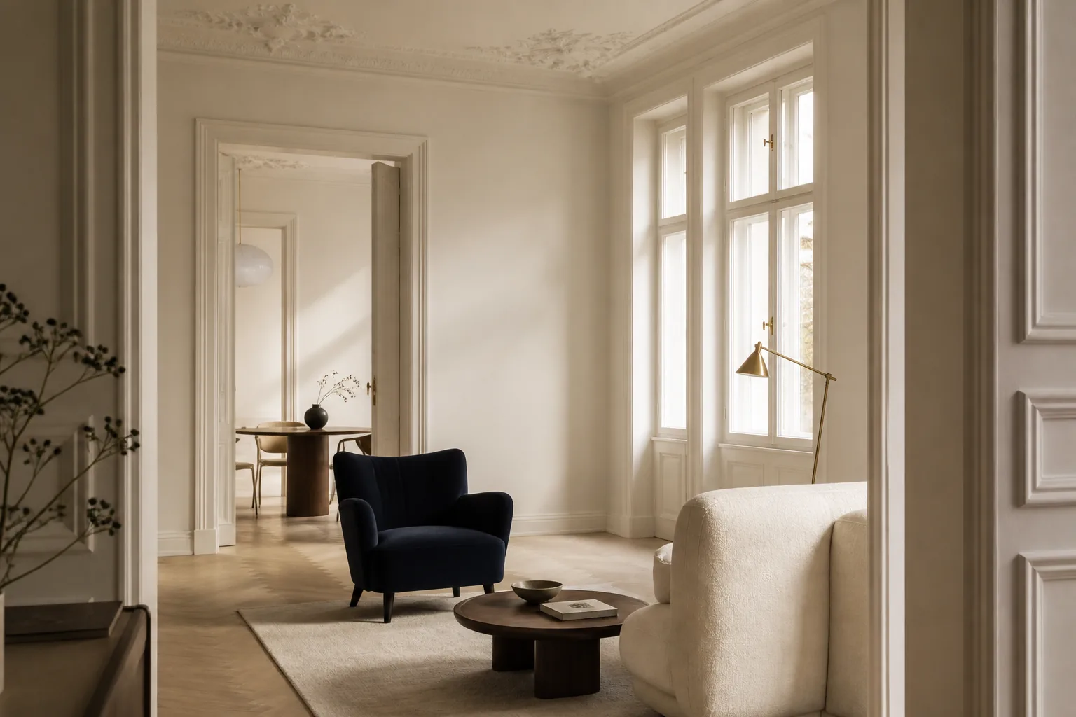 Heller Altbau-Salon mit Stuckdecke, Fischgrätparkett und hohen Fenstern