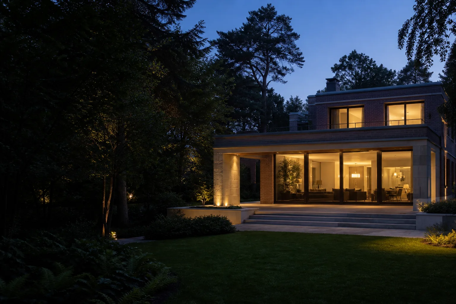 Beleuchtete Villa mit Gartenterrasse in Berlin-Grunewald zur blauen Stunde
